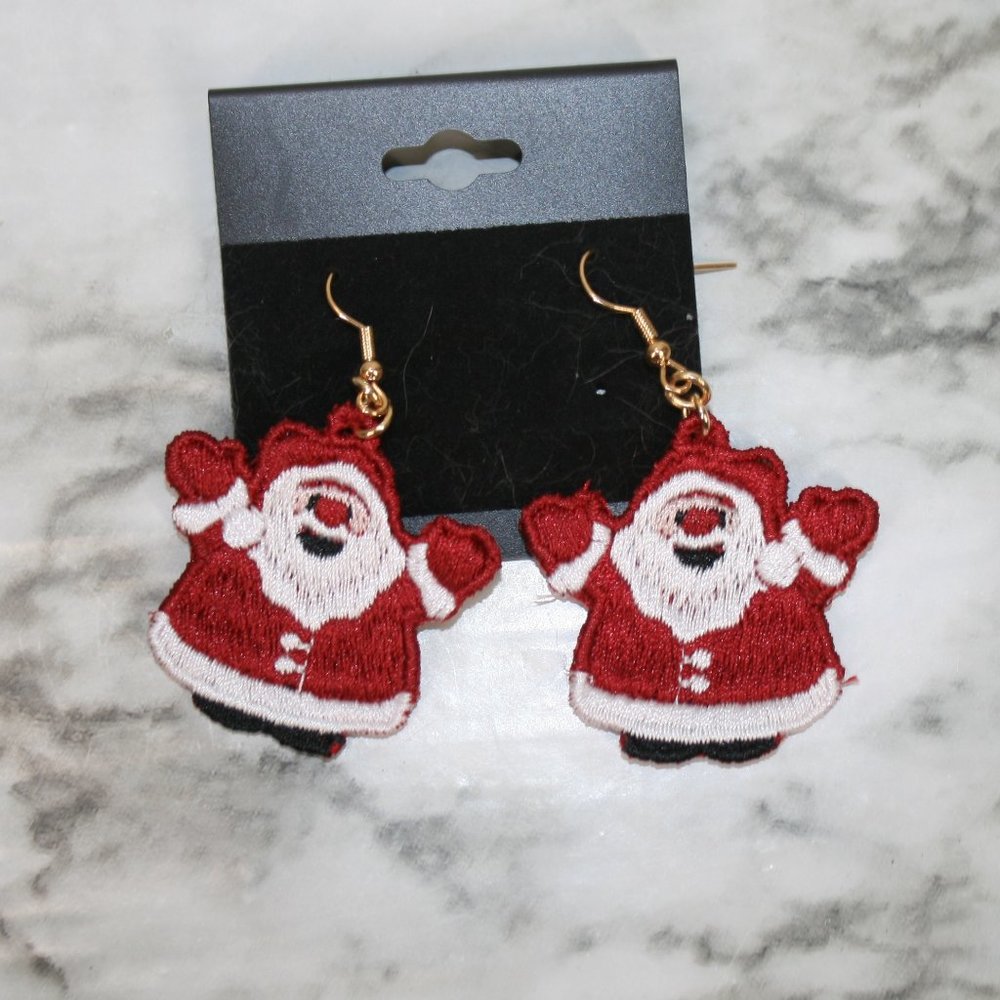 HANDMADE Earrings Santa Waving Christmas Holiday Embroidered Lace Pierced